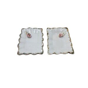 Vintage Japan Porcelain Trinket Dish Set With Pink Rose Accent